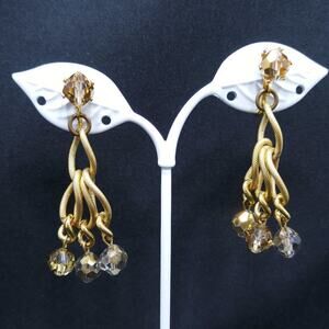 Vintage Crystal Beaded Earrings, Gold Metallic Clear Beads,  2 Inches